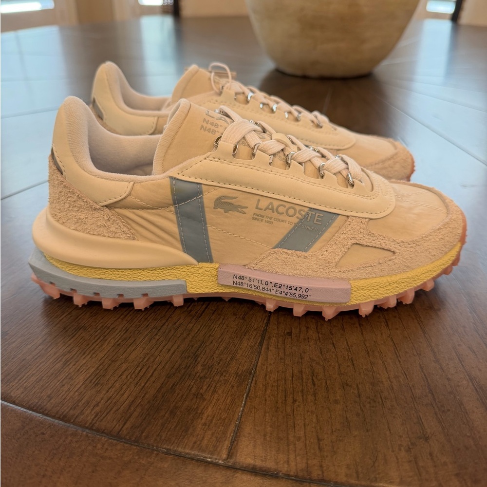 Lacoste Off white Suede & Leather Sneakers with Blue Stripe and Multicolor Sole